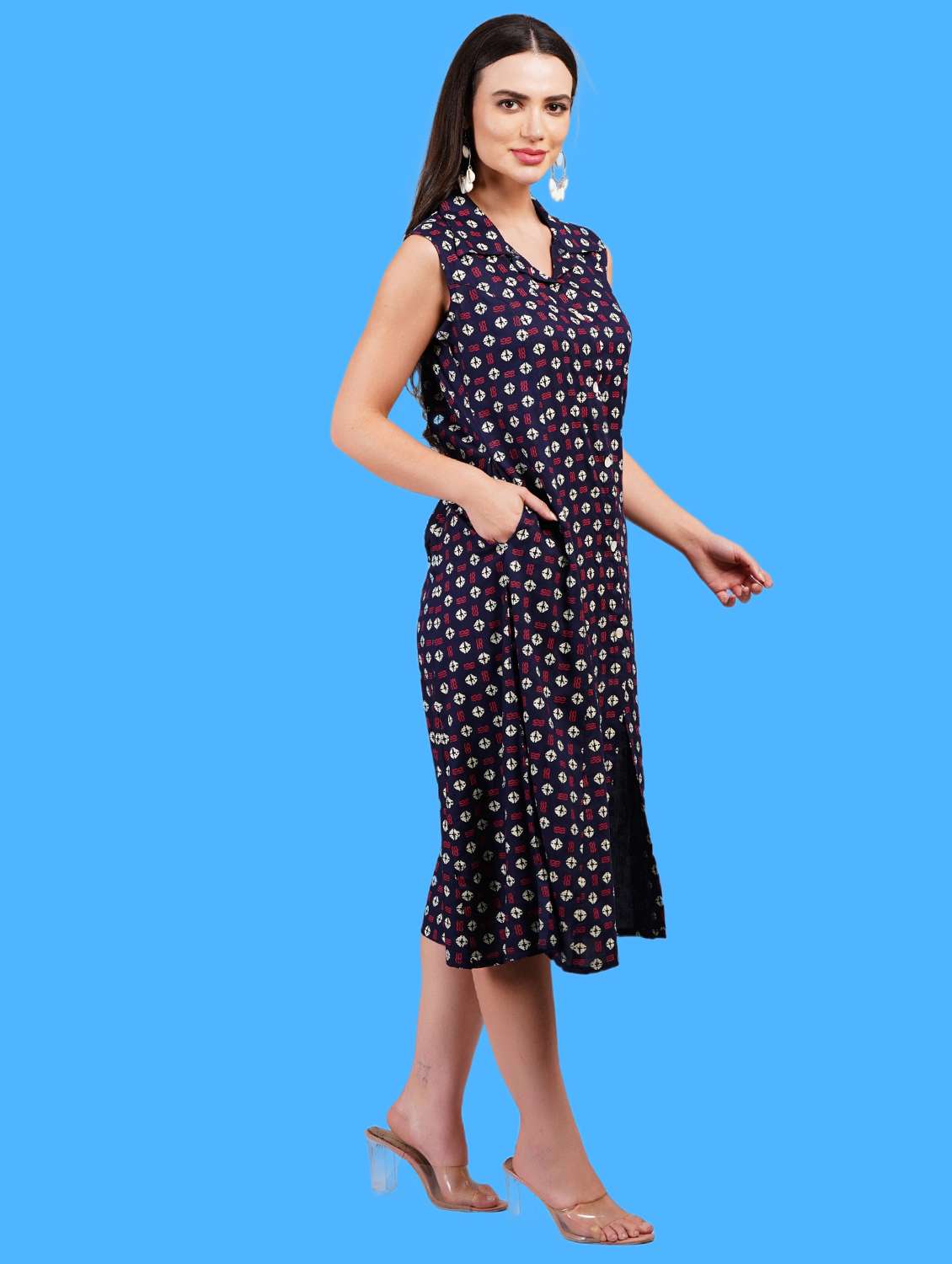 women printed sleeveless a-line dress - 21730991 - Standard Image - 2