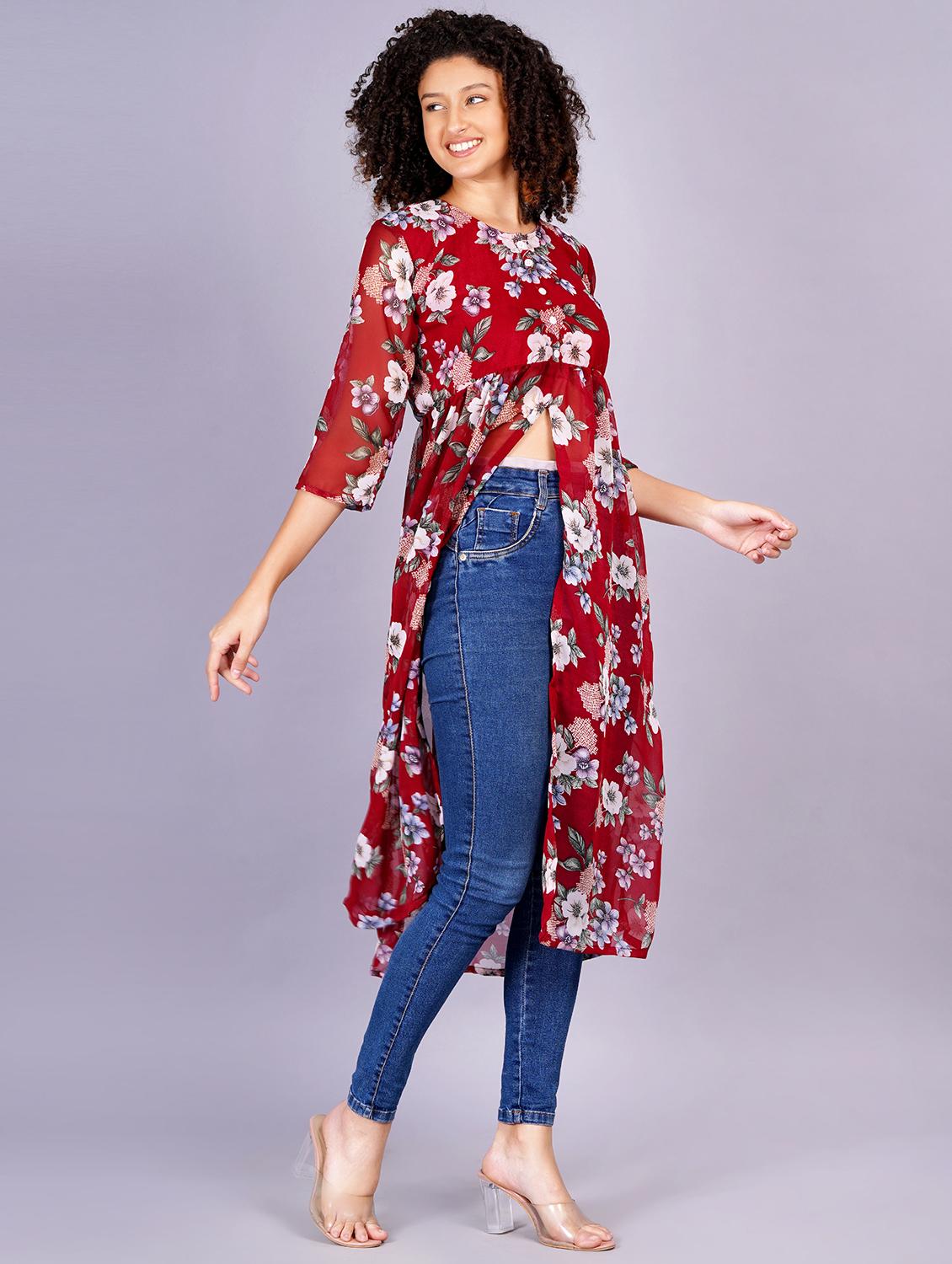 women floral printed round neck front slit kurta - 21731007 - Standard Image - 2