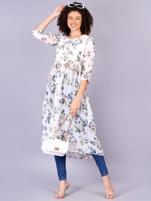 women floral printed round neck front slit kurta - 21731008 - Standard Image - 0