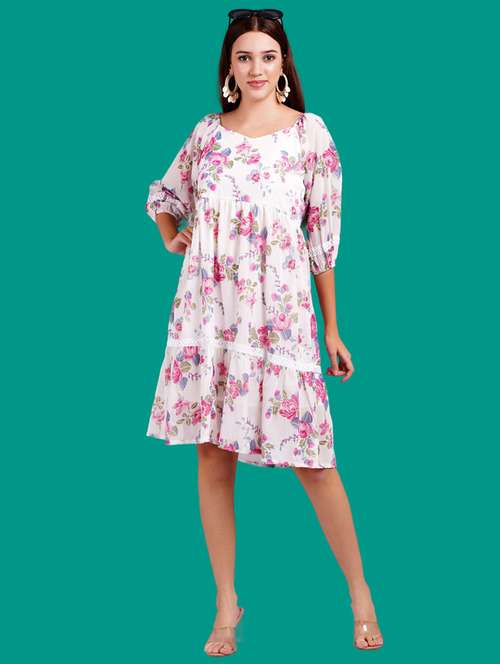 women floral print puff sleeves tiered dress - 21731058 - Standard Image - 0