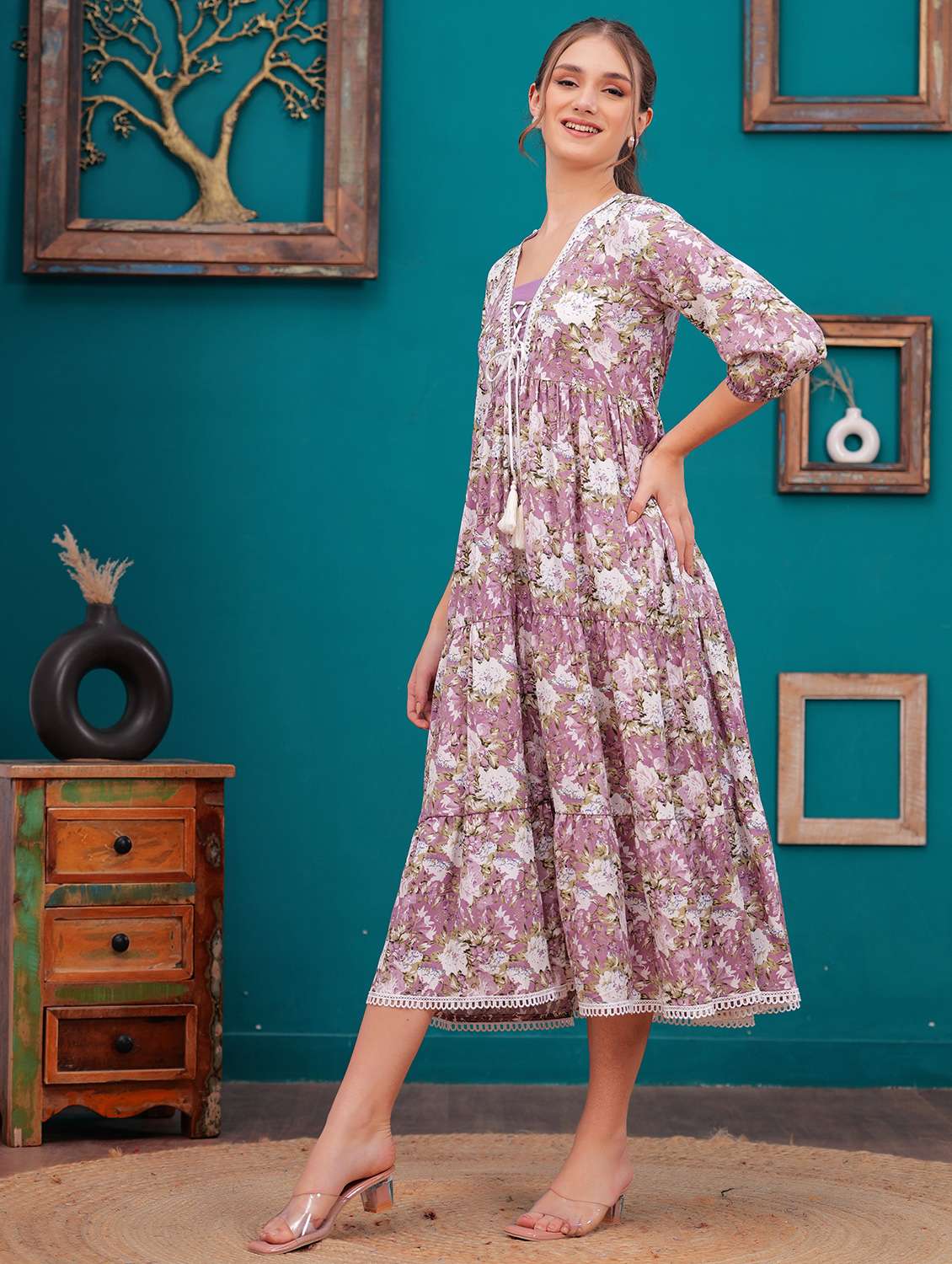 women lavender floral printed tiered ethnic dress - 21731095 - Standard Image - 2