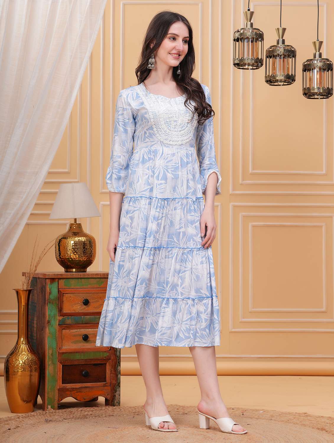 women light blue printed sweetheart neck tiered ethnic dress - 21731098 - Standard Image - 2