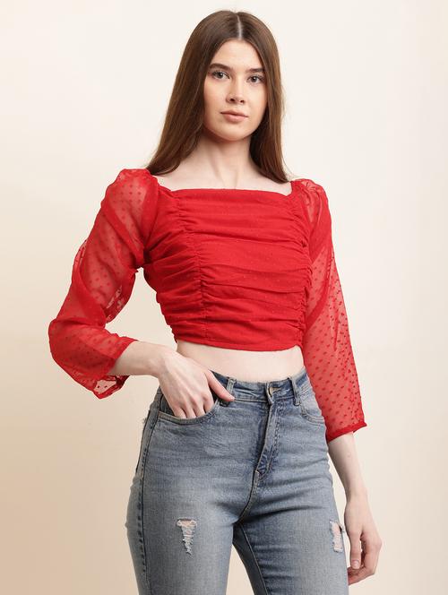 women solid long sleeves ruched crop top - 21731108 -  Standard Image - 0