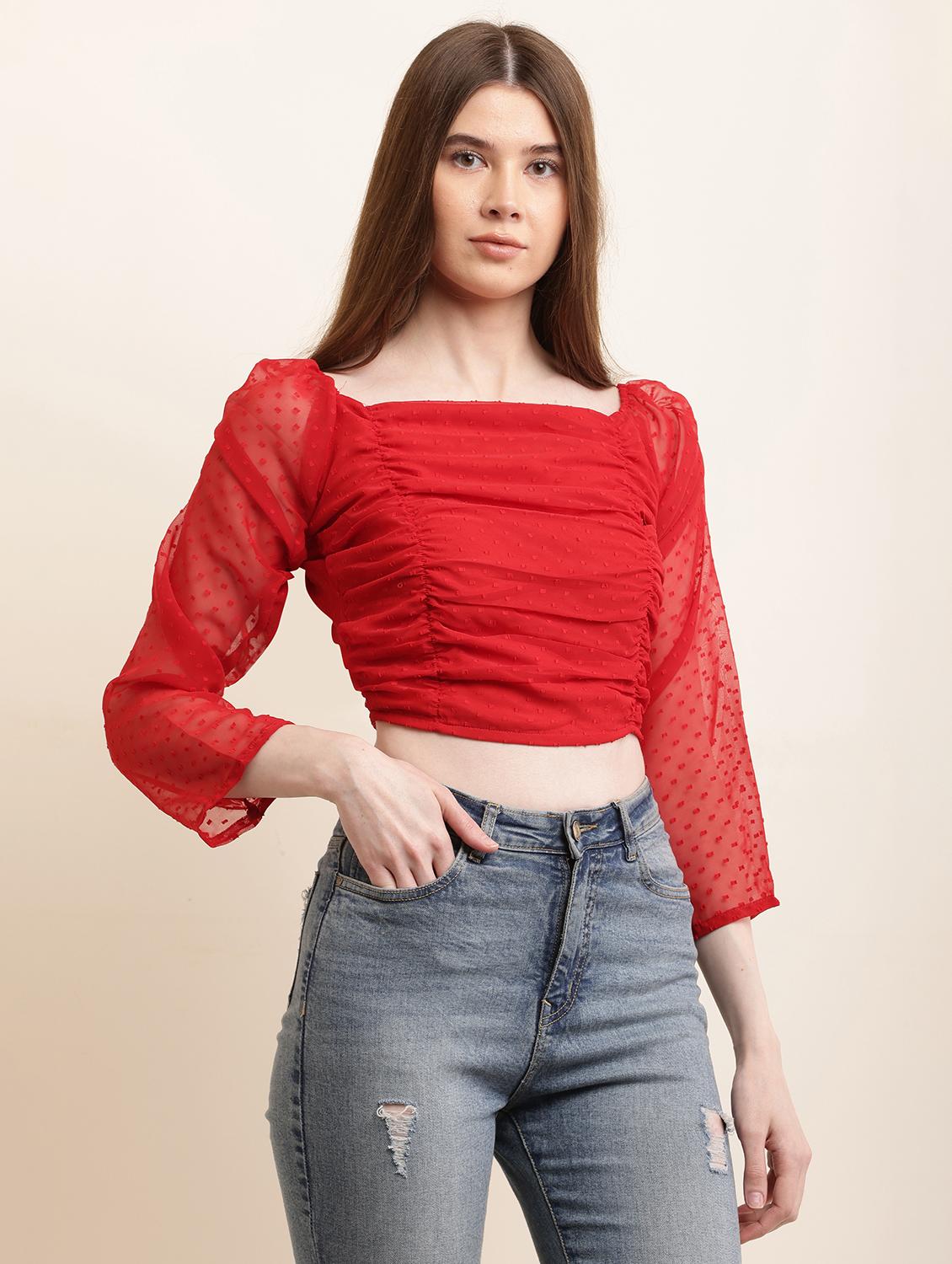 women solid long sleeves ruched crop top - 21731108 -  Zoom Image - 0