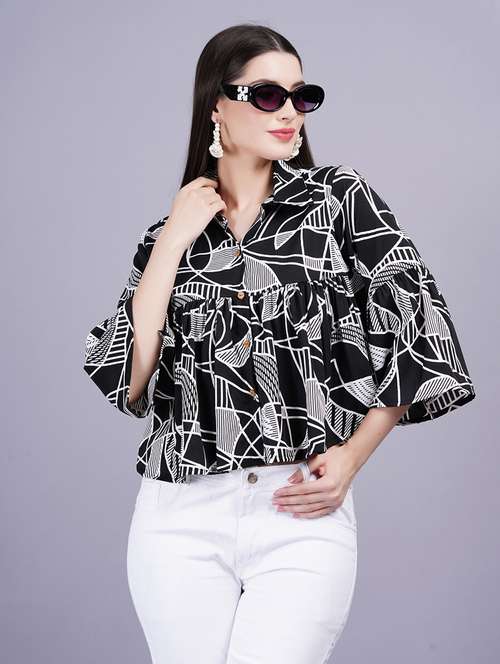women printed bell sleeves flared top - 21731116 -  Standard Image - 0