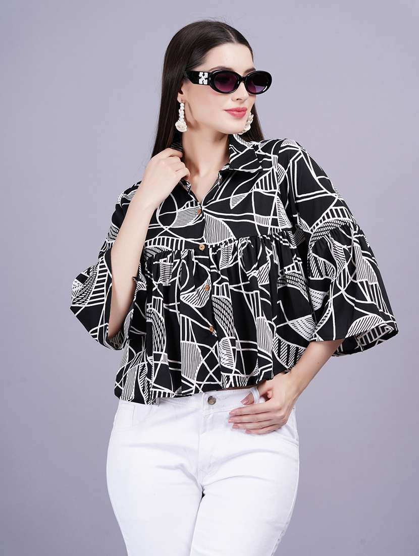women printed bell sleeves flared top