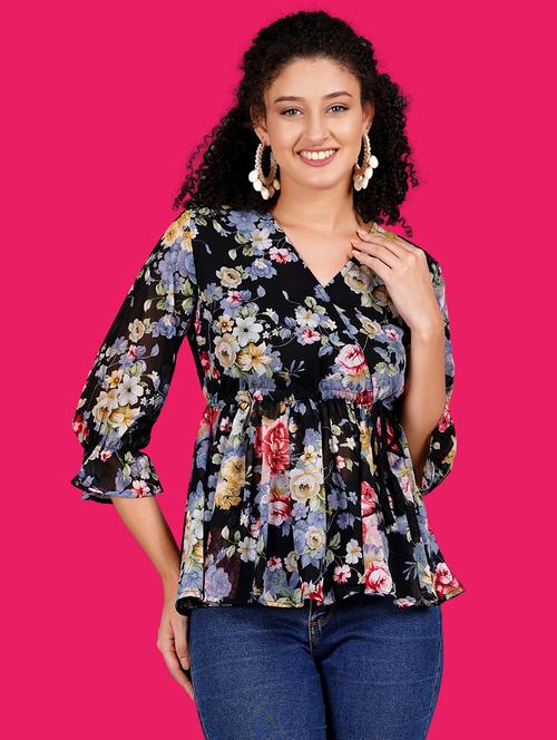 women floral print overlap neck peplum top - 21731131 -  Standard Image - 0
