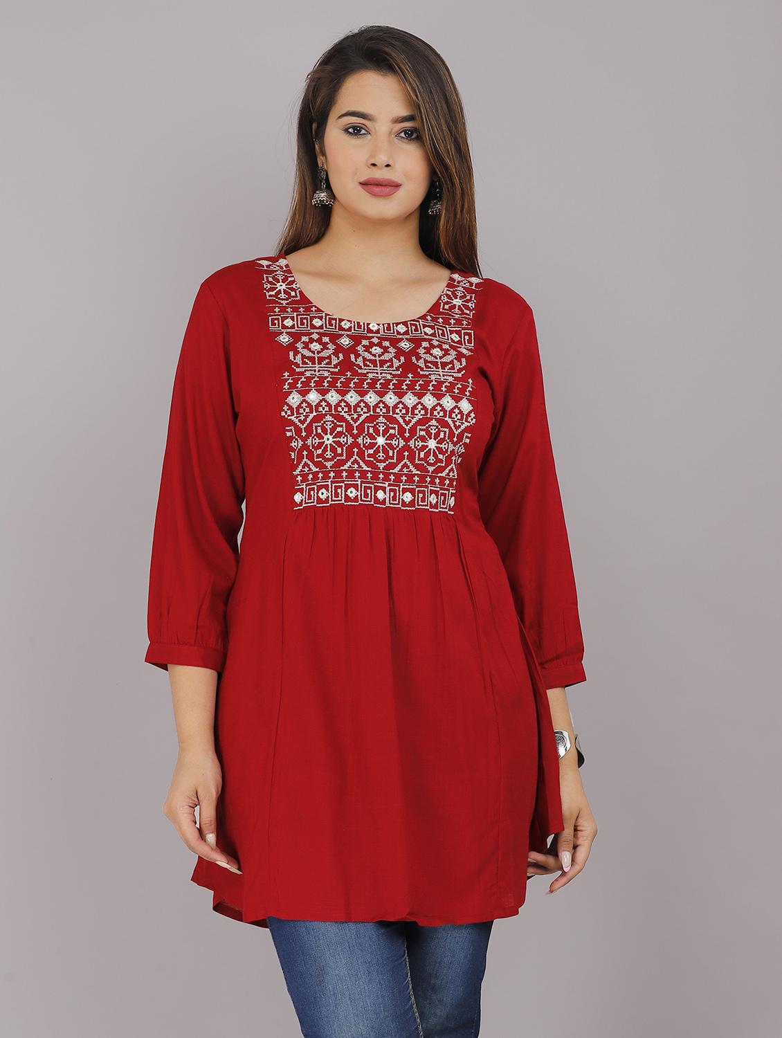 women round neck embroidered a-line kurti - 21731161 - Zoom Image - 0