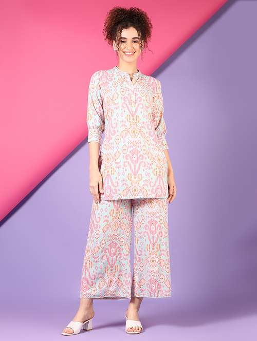 women mandarin neck printed ethnic co-ord set