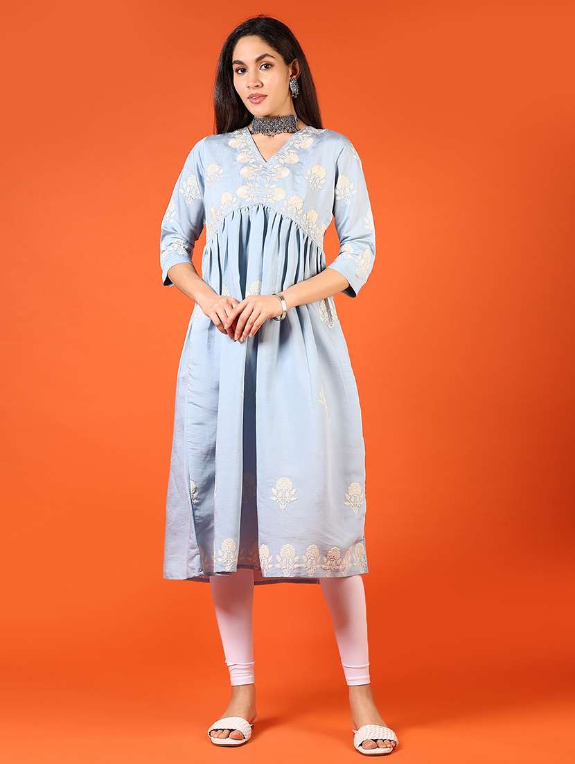 women light blue embroidered v neck flared kurta