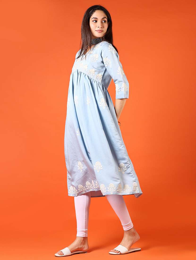 women light blue embroidered v neck flared kurta - 21731203 -  Standard Image - 2