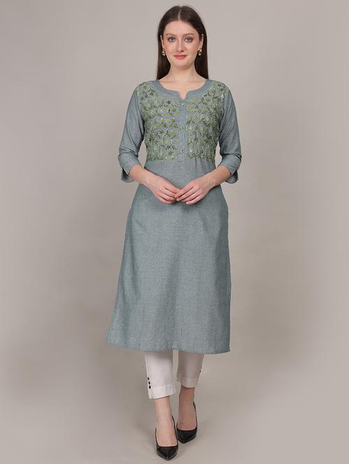 women embroidered three quarter sleeve straight kurta - 21731215 - Standard Image - 0