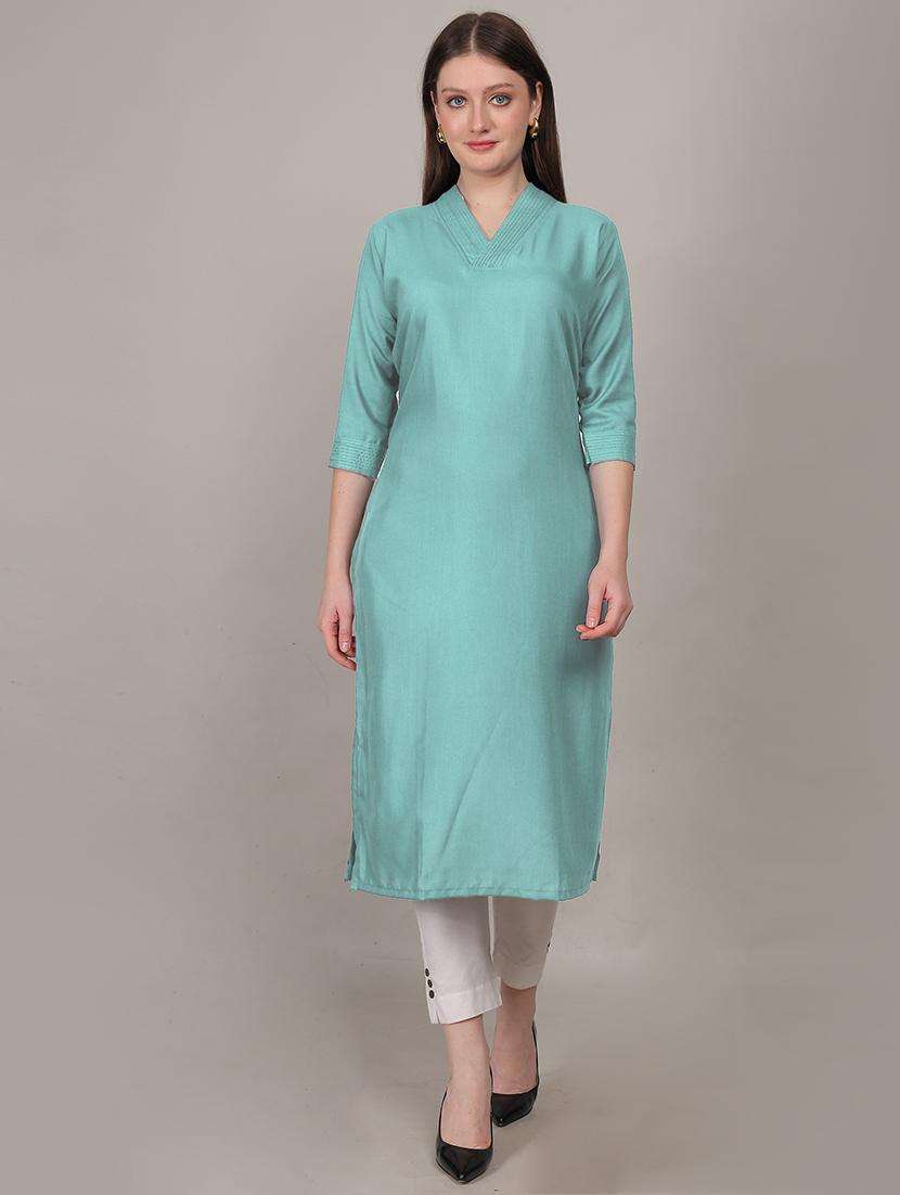 women solid three quarter sleeve straight kurta