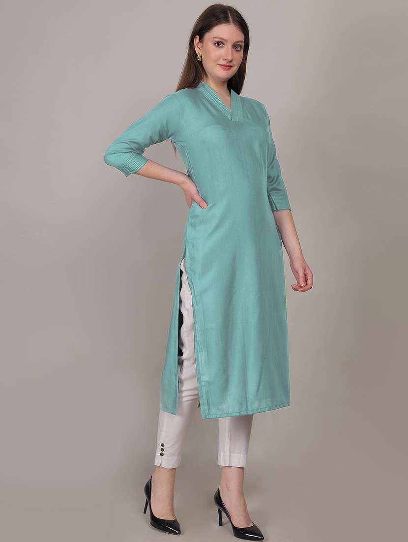 women solid three quarter sleeve straight kurta - 21731217 -  Standard Image - 2