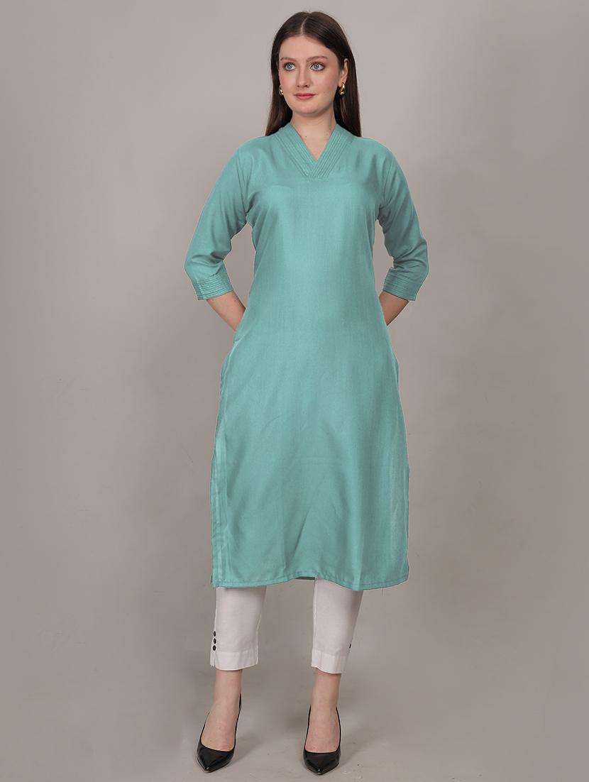 women solid three quarter sleeve straight kurta - 21731217 -  Standard Image - 2