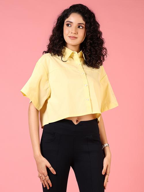 women short sleeves solid crop shirt - 21731295 - Standard Image - 0