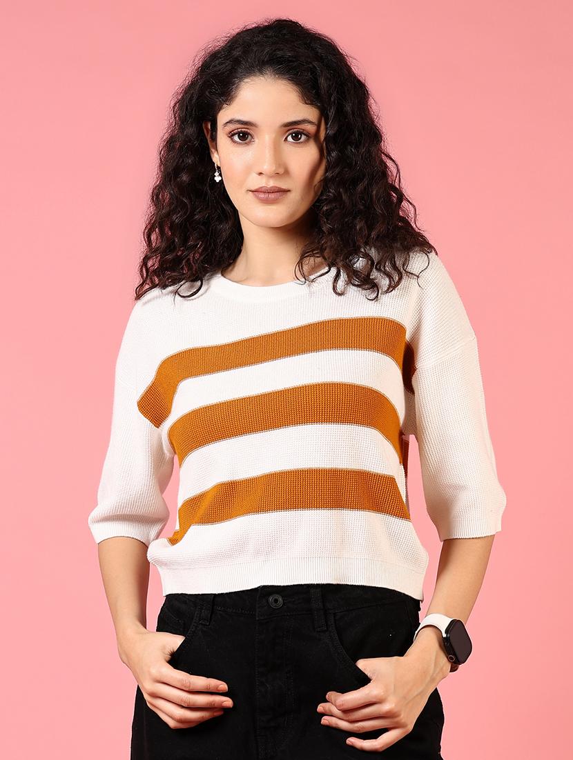 women round neck striped crop top - 21731311 - Zoom Image - 0