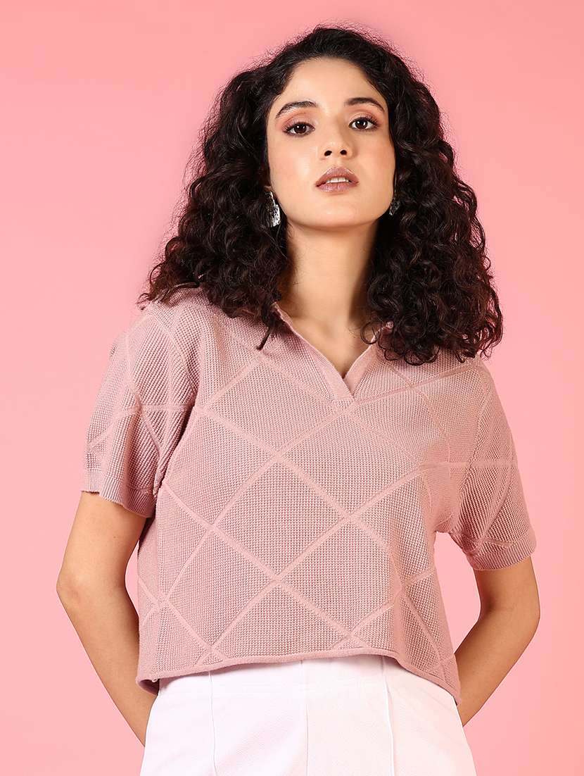 women short sleeves self design crop top