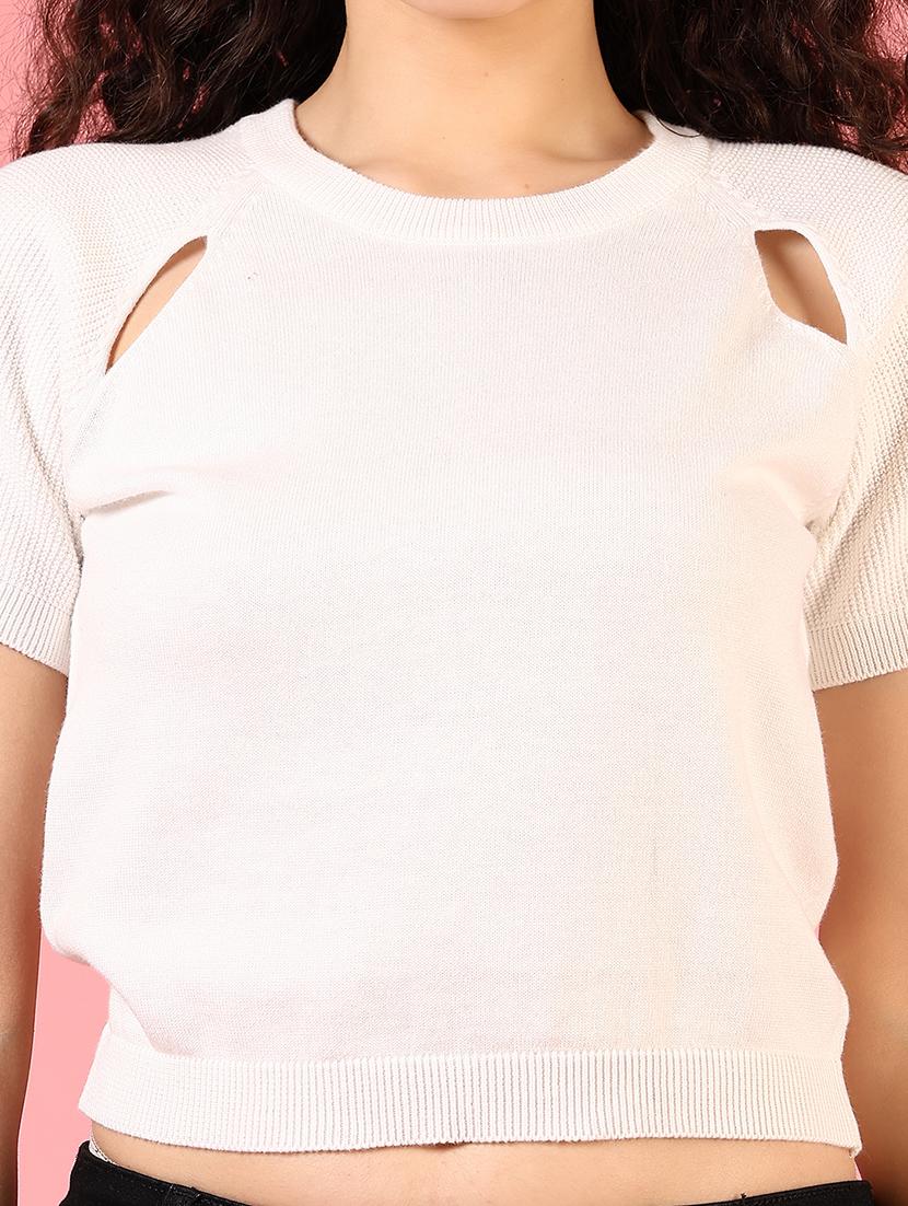 women crew neck solid crop top - 21731316 - Standard Image - 2