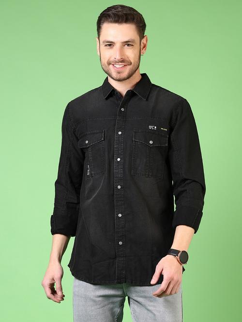 men long sleeves plain denim casual shirt - 21731440 -  Standard Image - 0