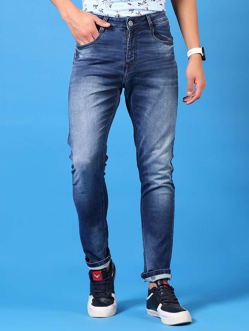 men washed mid rise jeans