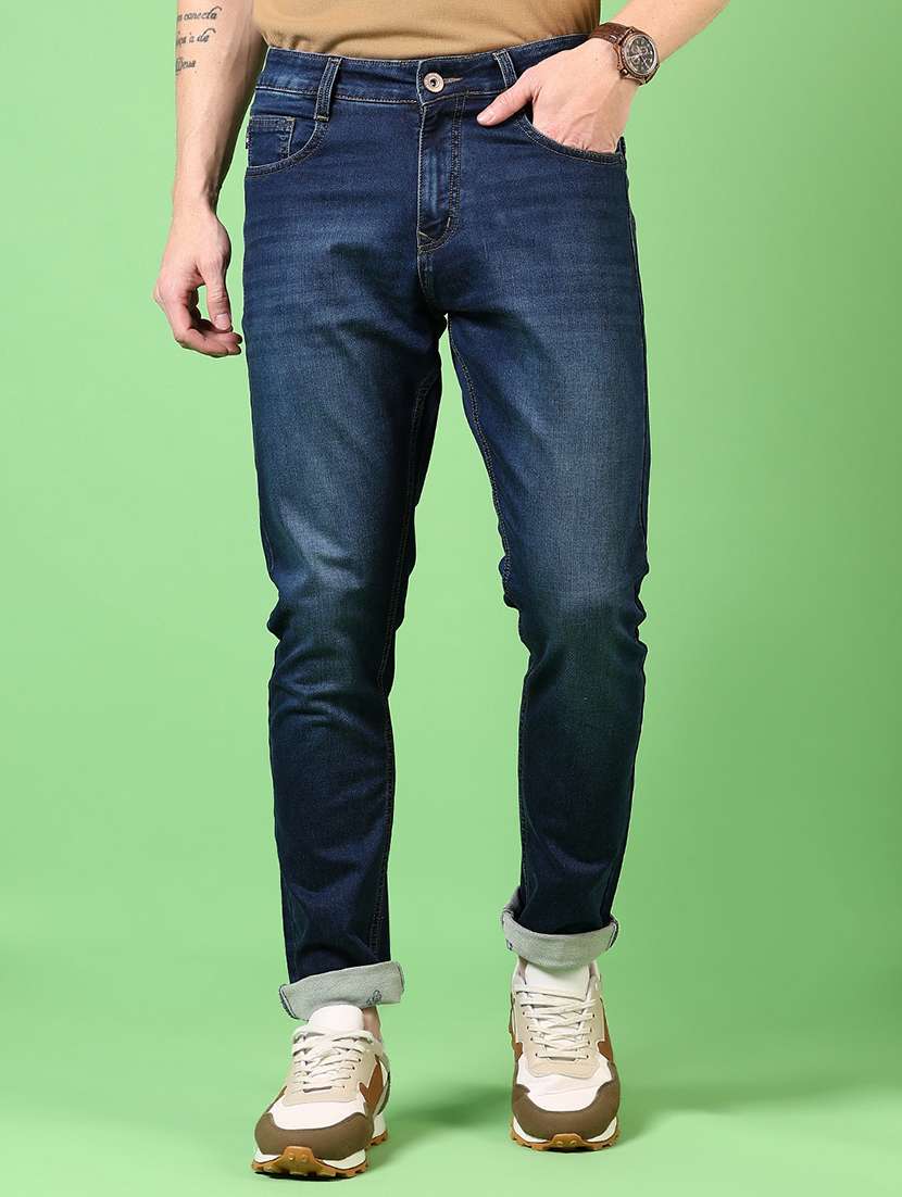 men washed mid rise jeans