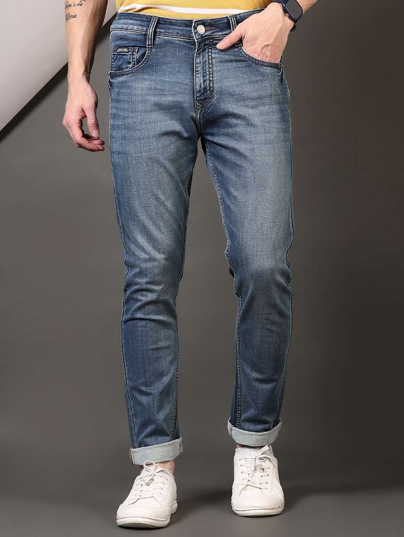 men washed mid rise jeans