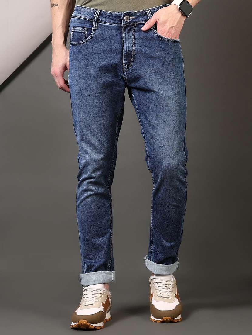 men washed mid rise jeans