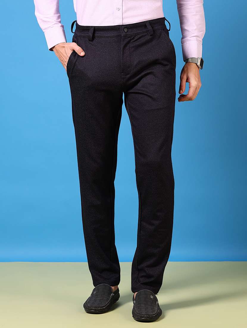 men solid flat front casual trouser