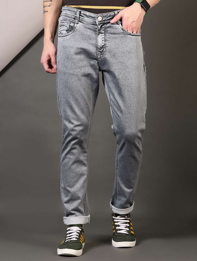 men washed mid rise full length tapered jeans