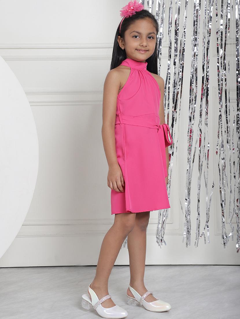 girls pink solid halter neck a-line dress - 21731670 - Standard Image - 2