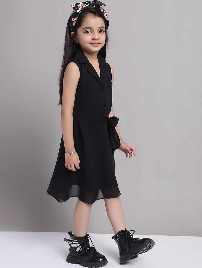 girls black lapel neck a-line regualr fit dress - 21731678 - Standard Image - 2