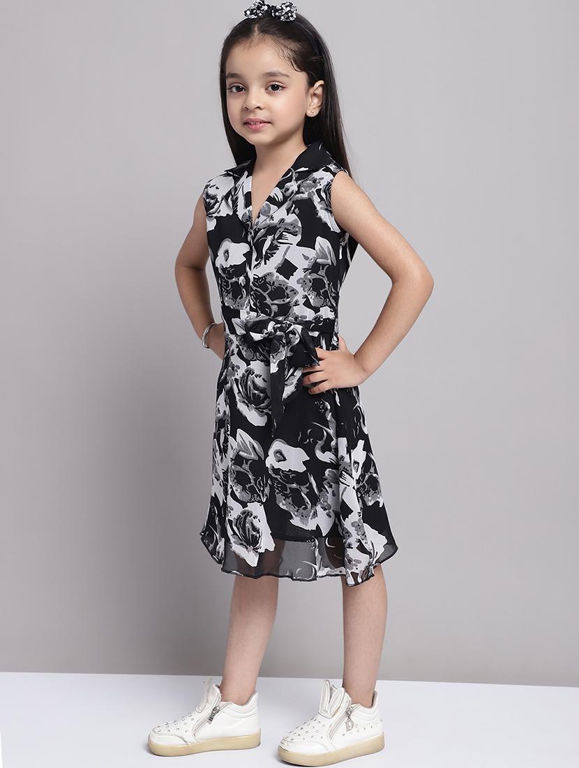 girls black lapel neck a-line regualr fit dress - 21731680 - Standard Image - 2
