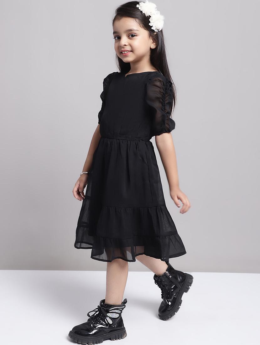 girls black round neck regualr fit tiered dress - 21731716 - Standard Image - 2