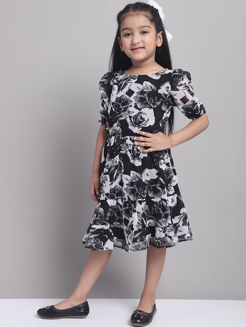 girls black round neck regualr fit tiered dress - 21731718 - Standard Image - 2