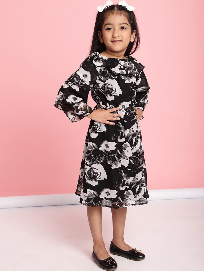 girls black ruffle sleeve regualr fit a-line dress - 21731724 - Standard Image - 2