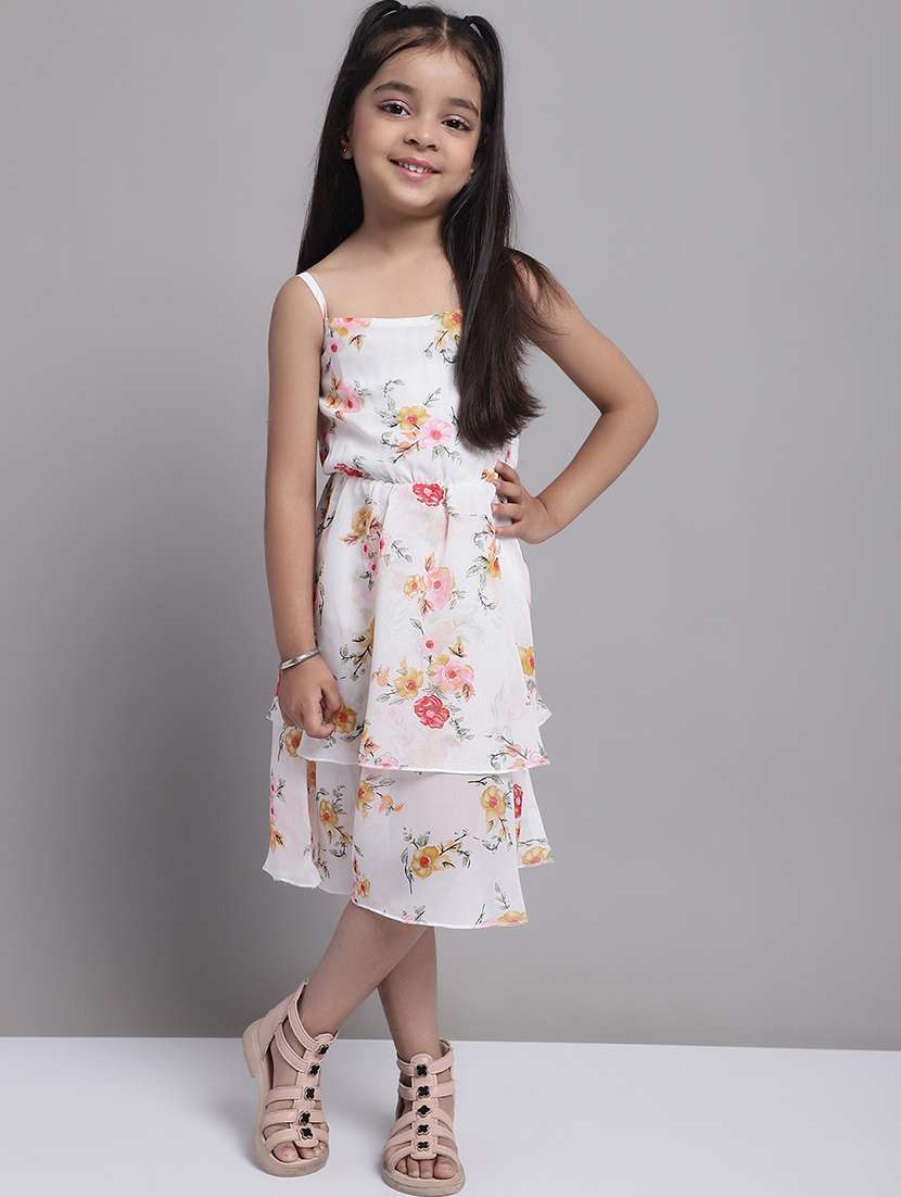 girls off white sleeveless regular fit layered dress