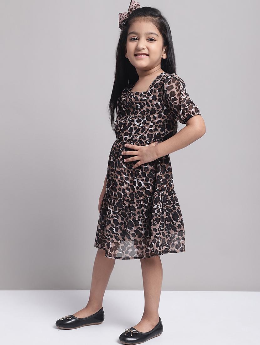 girls brown puff sleeve regualr fit tiered dress - 21731799 - Standard Image - 2