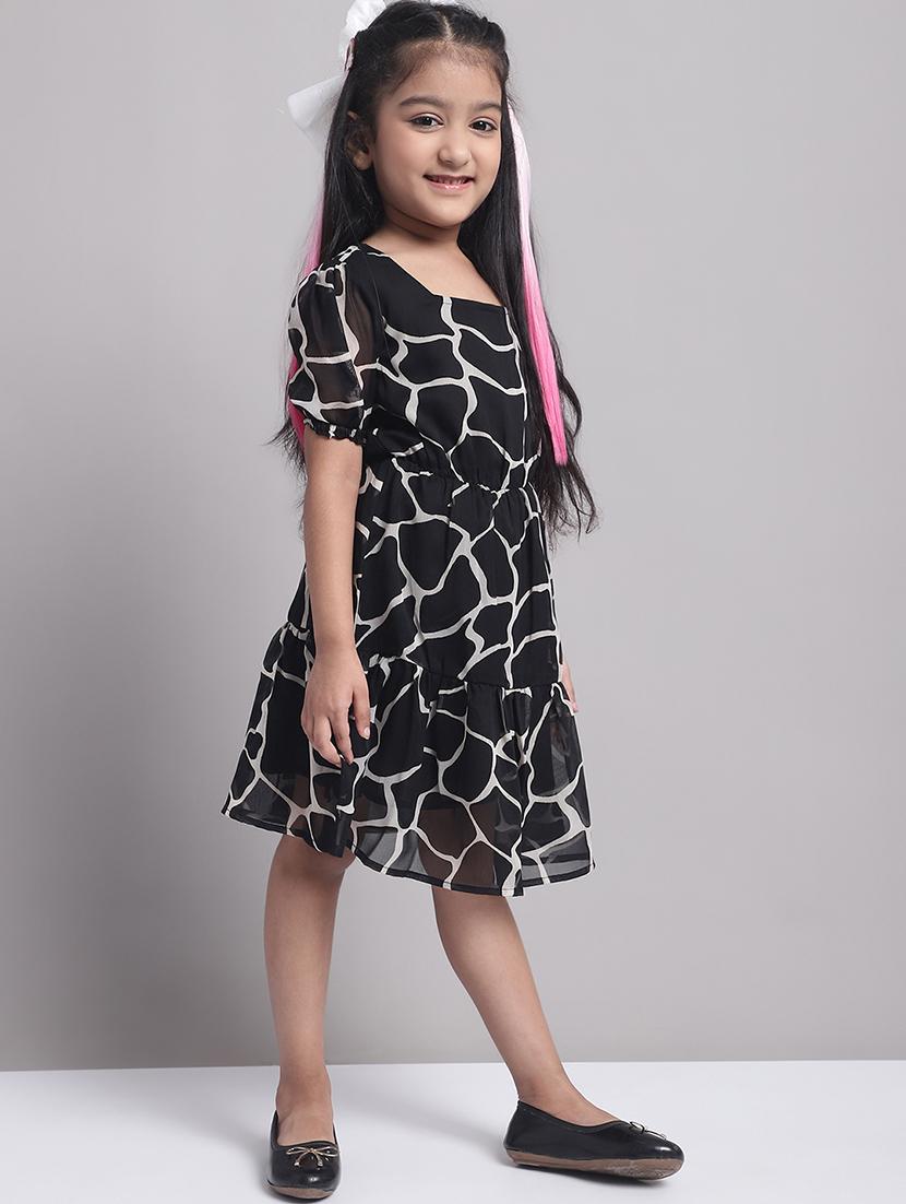 girls black puff sleeve regualr fit tiered dress - 21731801 - Standard Image - 2