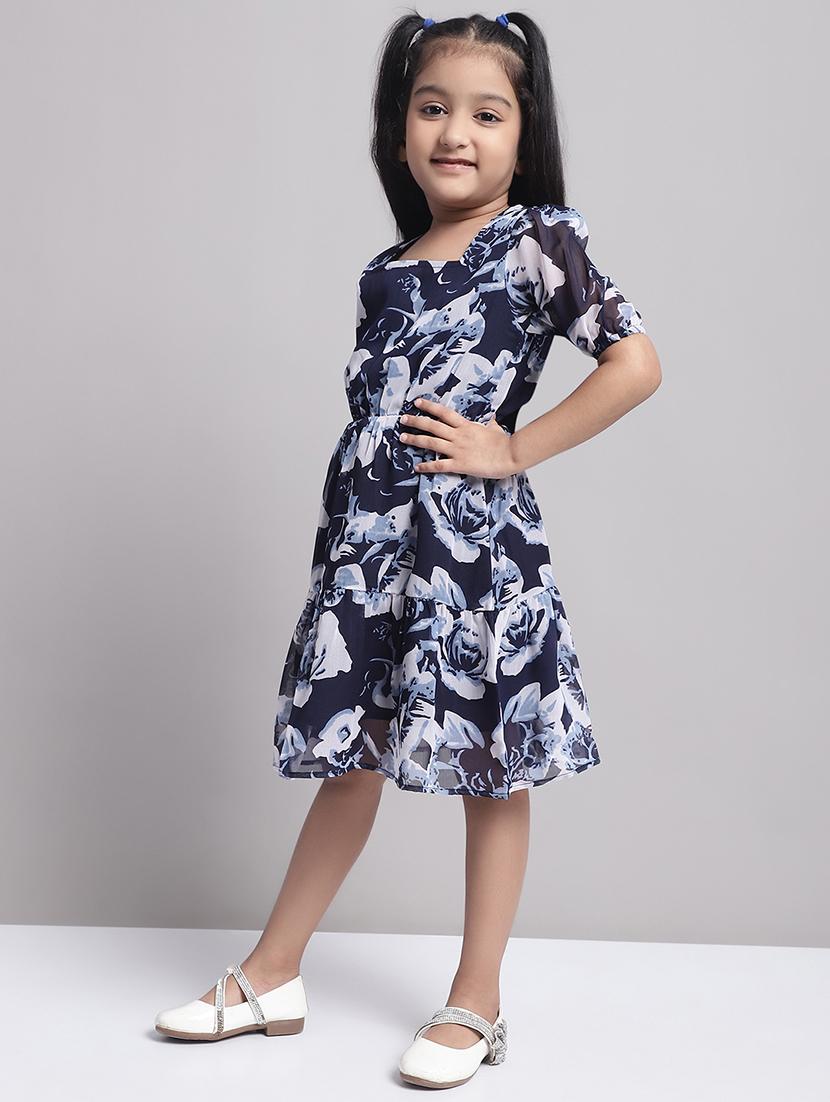 girls navy blue puff sleeve regualr fit tiered dress - 21731804 - Standard Image - 2