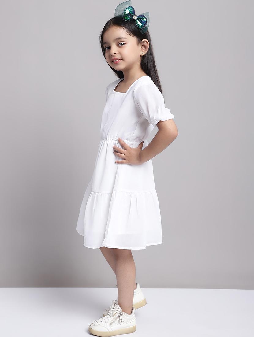 girls white puff sleeve regualr fit tiered dress - 21731806 - Standard Image - 2