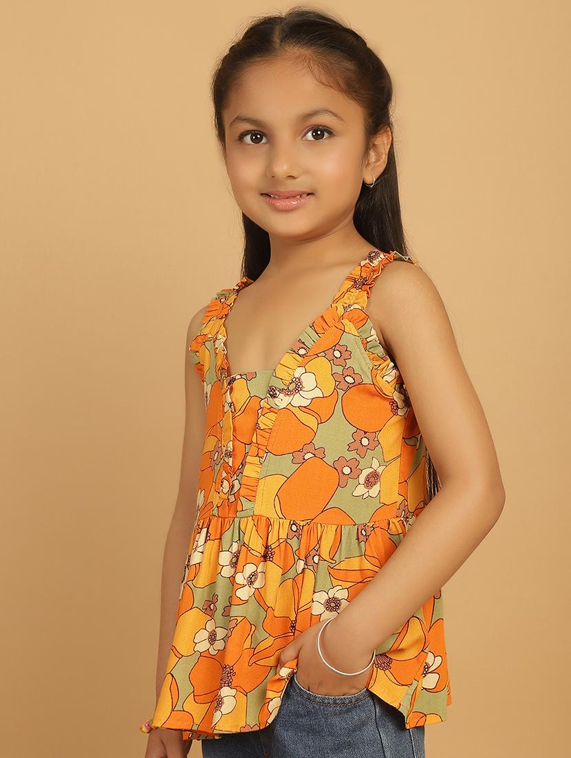 girls mustard floral printed sleeveless top - 21732041 - Standard Image - 2