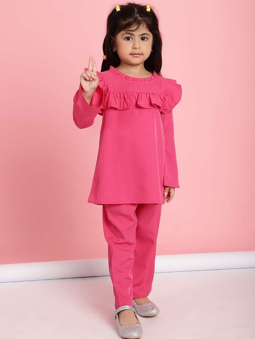 girls pink solid top & trouser co-ords set