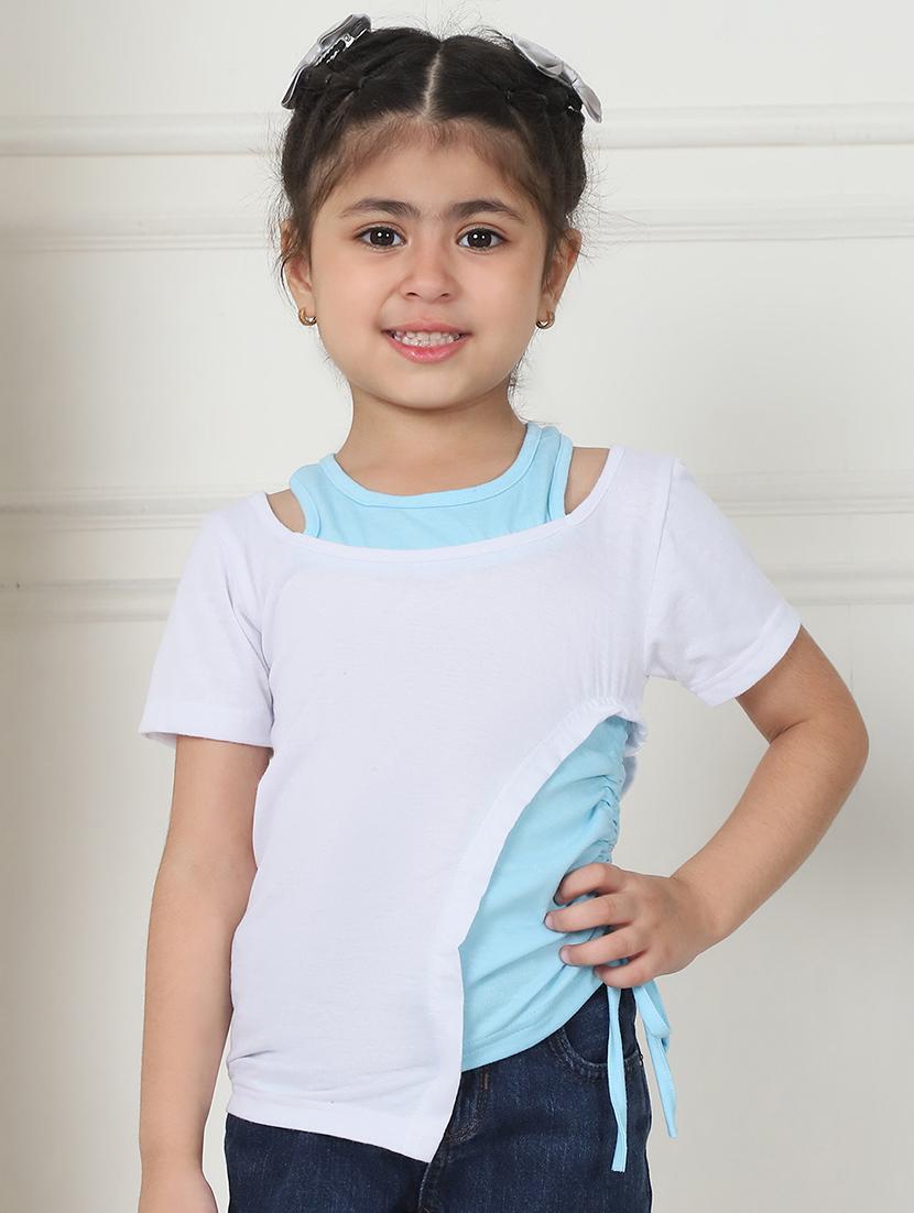 girls white color blockk short sleeve top