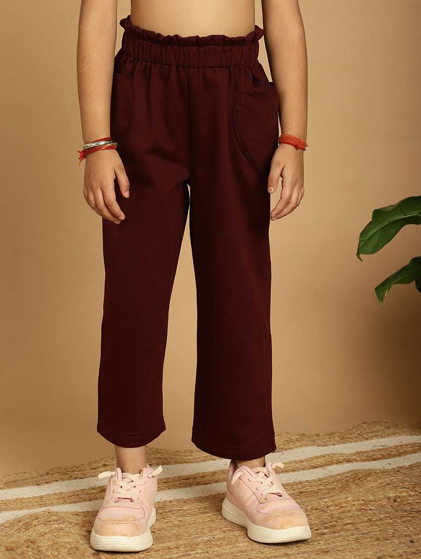 girls solid mid rise casual trouser