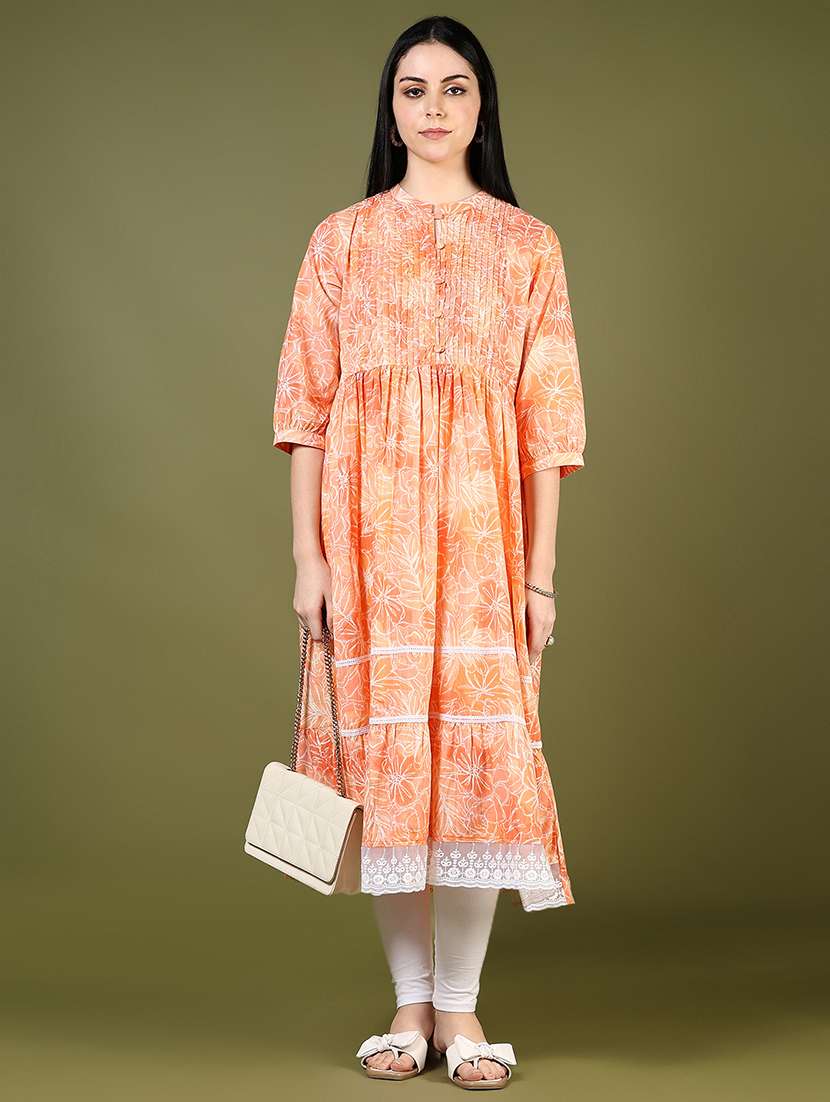 women orange three quarter sleeve tiered kurta