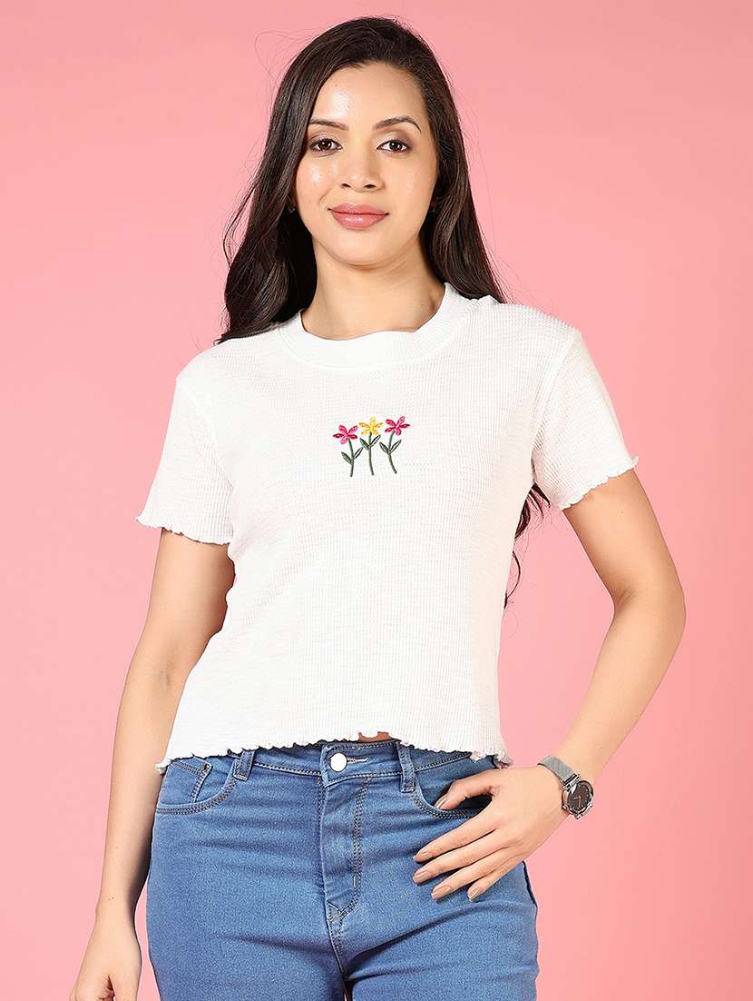women off white round neck crop top