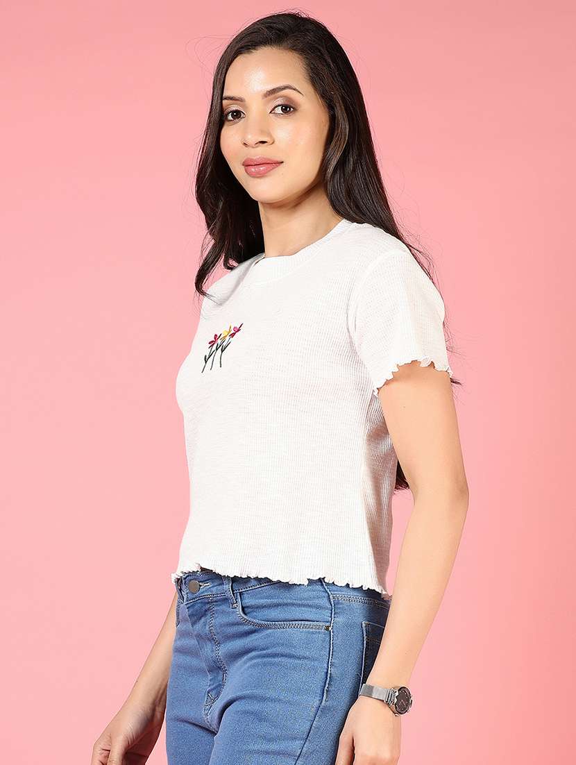 women off white round neck crop top - 21732178 - Standard Image - 2