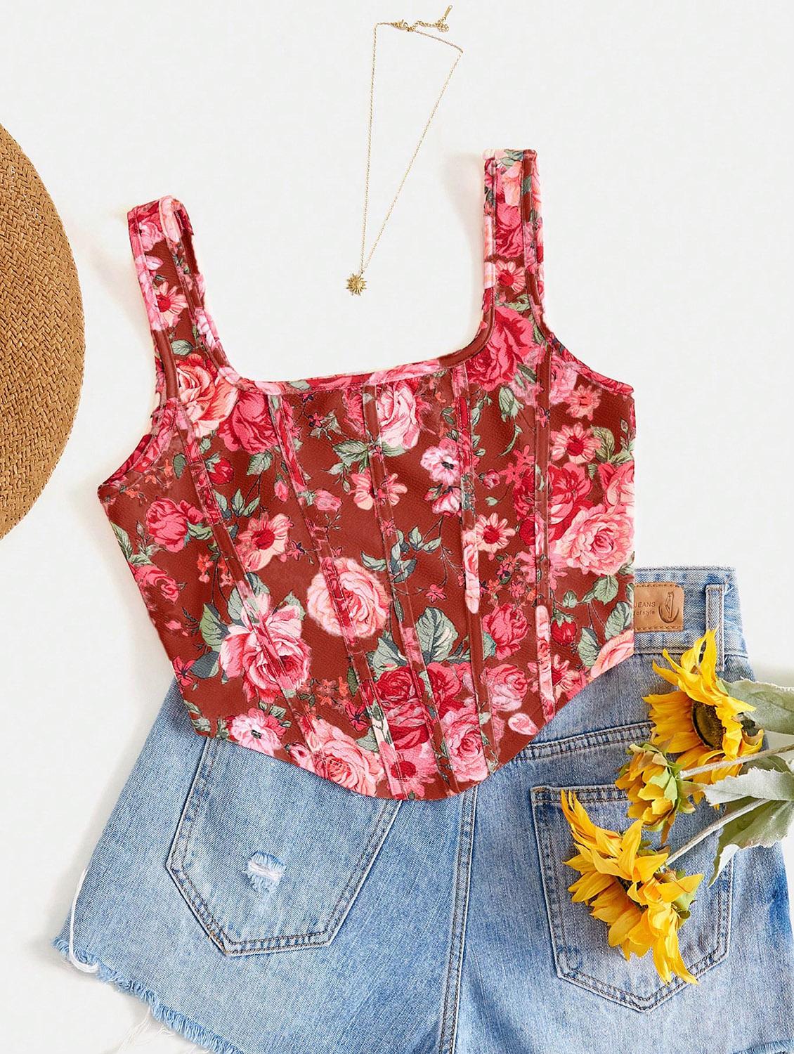 women floral print corset crop top - 21732294 - Zoom Image - 0