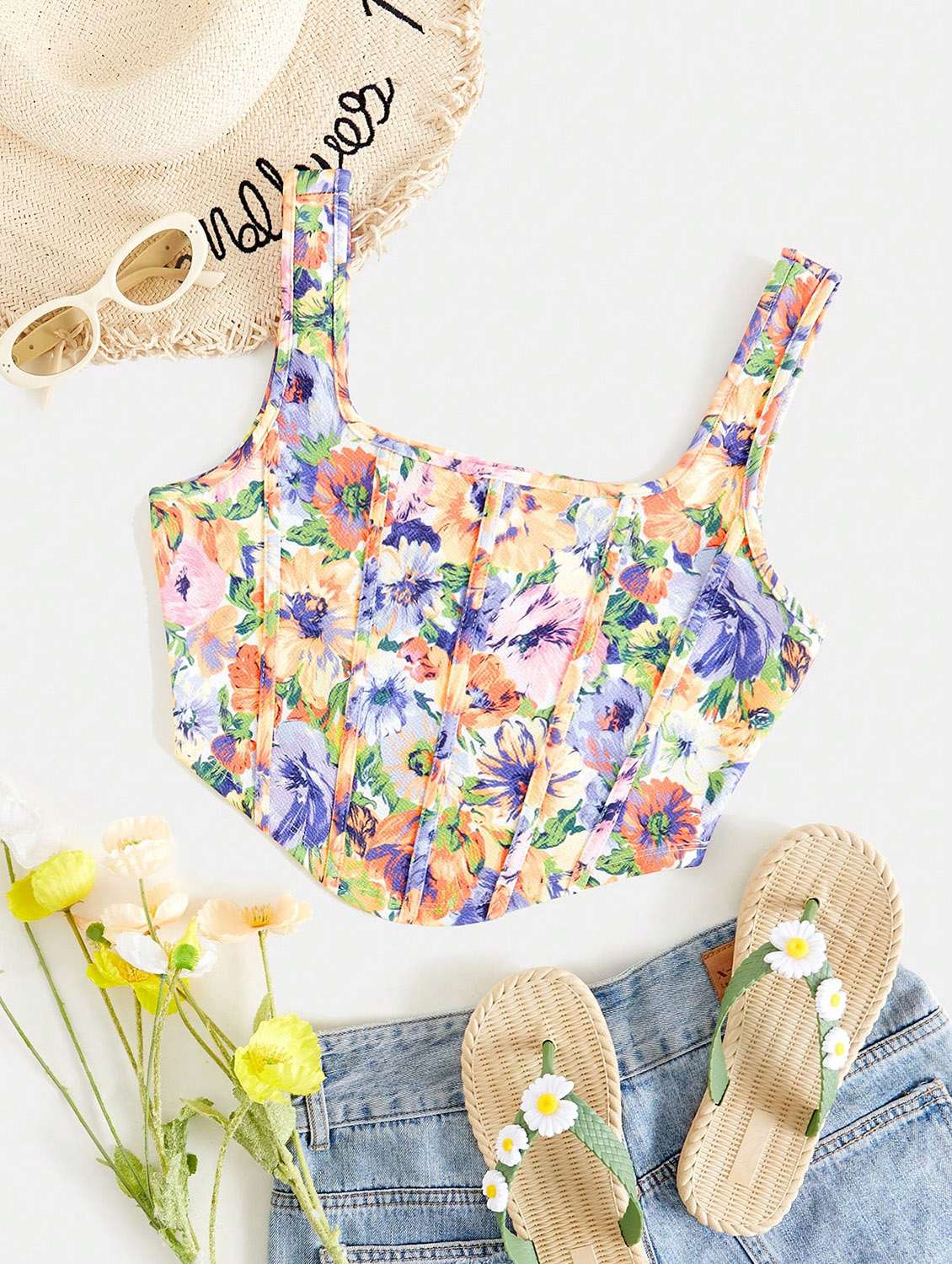 women floral print corset crop top